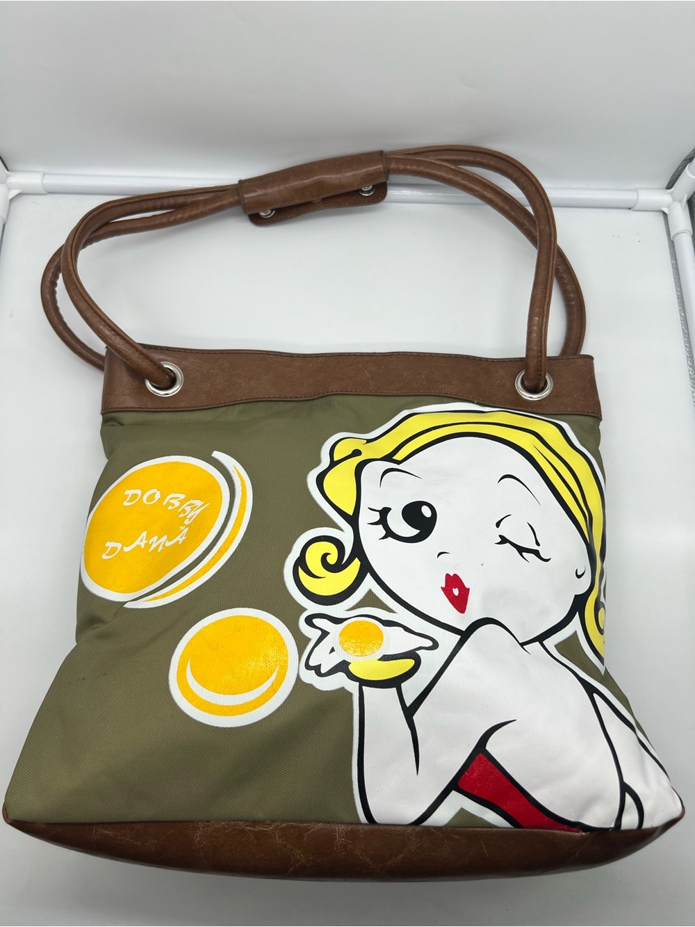 DOBBY DANA 2004 Vintage Y2K Graphic Design Brown Faux Leather Tote Shoulder Bag